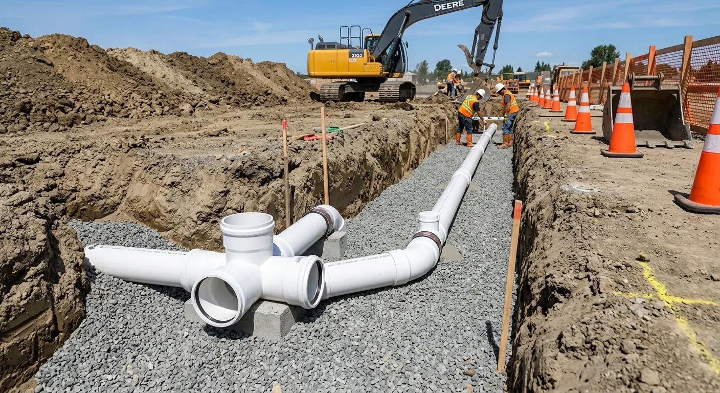 New PVC sewer pipe installation in open trench for Commercial Drain Cleaning in Elkridge