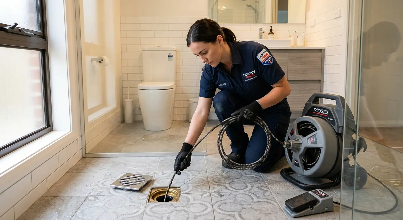 Technician clearing a bathroom floor drain for Drain Repair in Elkridge